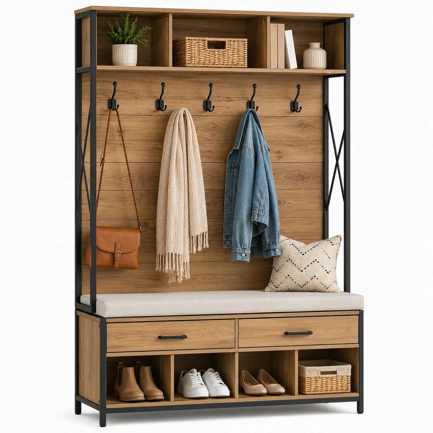 Garderobenständer mit Sitzbank Holzoptik Stahlrahmen Schwarz 180 cm Höhe