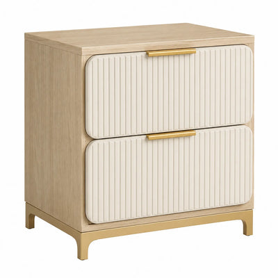 Nachttisch aus Holz mit zwei Schubladen in Creme und Gold
